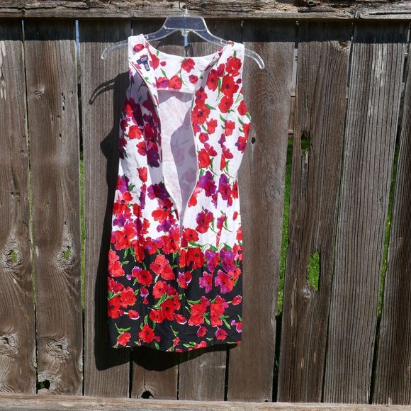 Chaps Floral Sleeveless Sheath Dress White Black Red Poppy Print Cotton Blend 4 - Picture 6 of 12